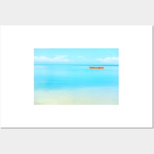 Orange outrigger canoe moored in bay. Posters and Art